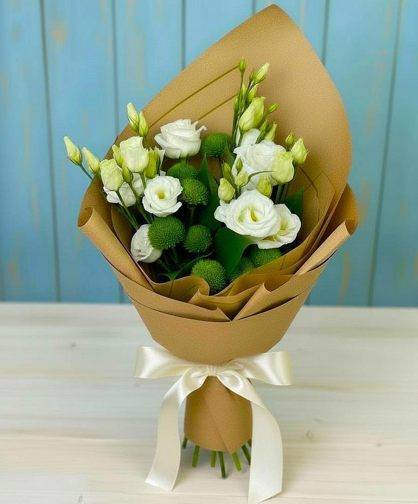 Букет цветов из: Хризантемы и Лизиантусы в Югорёнке