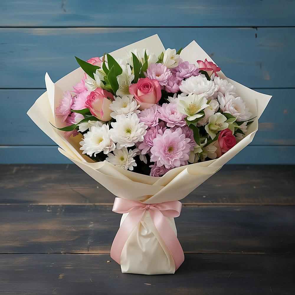 Букет цветов из: Хризантемы, Альстромерии и Розы в Югорёнке